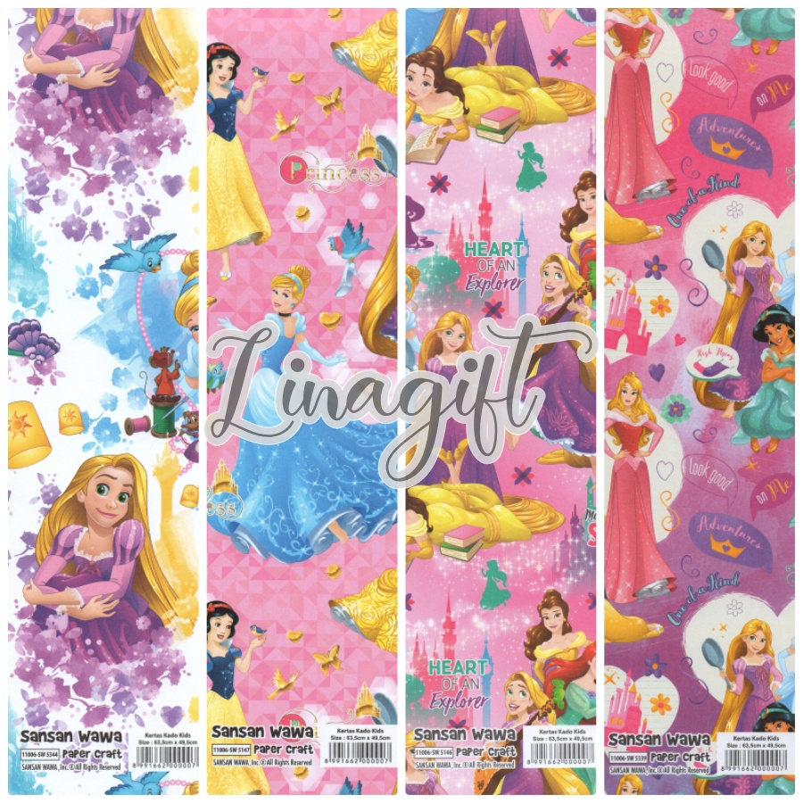 ( 5 Lembar ) PRINCESS SANWA - KERTAS KADO WALT DISNEY - GIFT WRAP PAPER SANSAN WAWA SNOW WHITE RAPUNZEL BELLE JASMINE AURORA CINDERELLA FROZEN ELSA ANNA ARIEL MERMAID ALADDIN SNOW WHITE