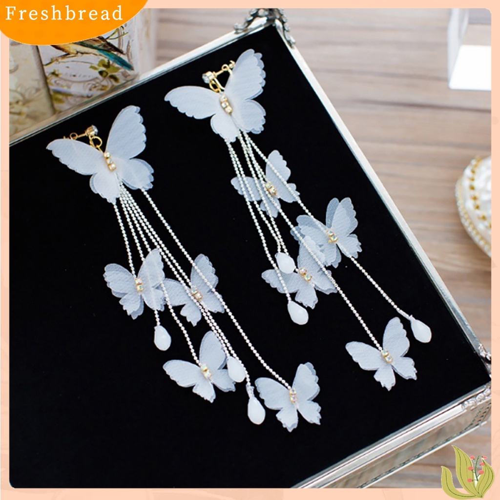 【Fresh】❀Women Bridal Cloth Butterfly Long Tassel Wedding Dangle Clip on/Hook Earrings