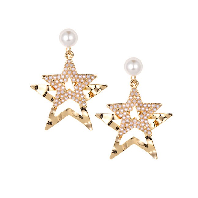 LRC Anting Tusuk Fashion Gold Alloy Pearl Pentagram Stud Earrings F66533