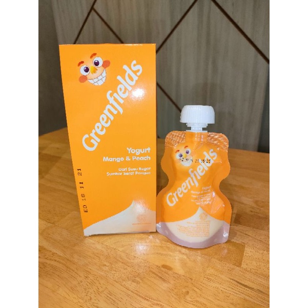 Greenfields yogurt pouch squeeze 80gr varian rasa terbaru mango and peach grosir termurah