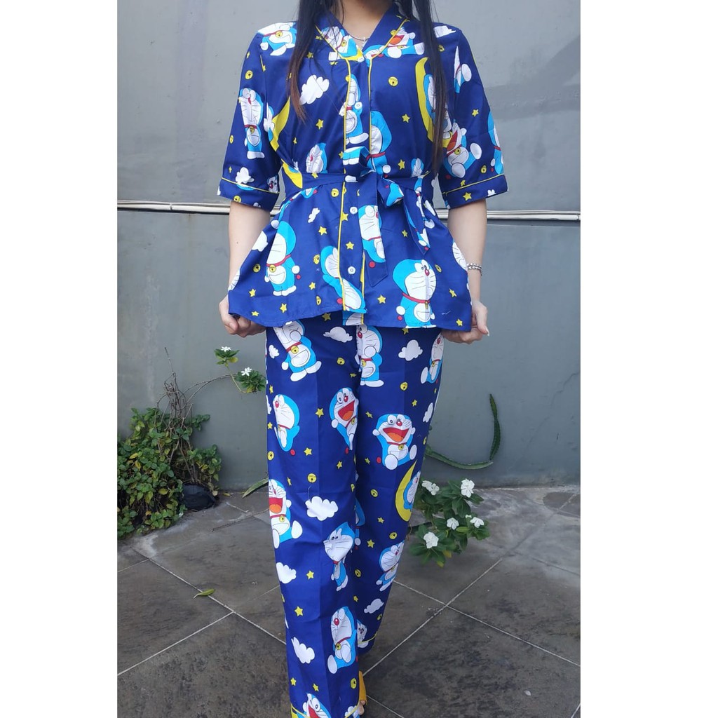 JNV Setelan Kimono CP Wanita Motif Karakter Kartun - Baju Tidur Kimono Lengan Pendek - Bahan Katun-Emon Moon Mini Navy