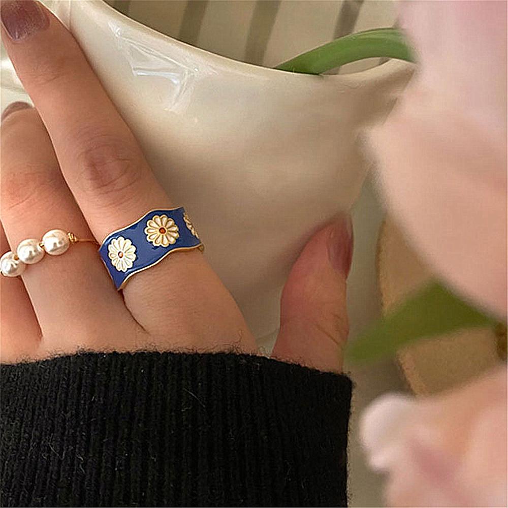 Preva Cincin Wanita Cincin Terbuka Segar Dan Elegan Cincin Motif Enamel Kecil Biru