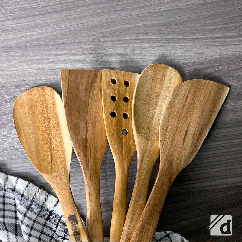 DADALALA Spatula Kayu Jati (1 Set 5 Pcs) Isi Sodet, Sendok Sayur, Centong Nasi dan Sutil Lubang