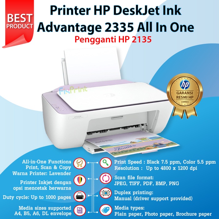 Printer HP Deskjet Ink Advantage 2336 2335 2337 NEW ORI RESMI Print Scan Copy A4 Cetak Max F4 Usb Penerus 2135, Hp 2775 2776 with WiFi Wireless Black Color Photo Print Multifungsi All In One Termurah