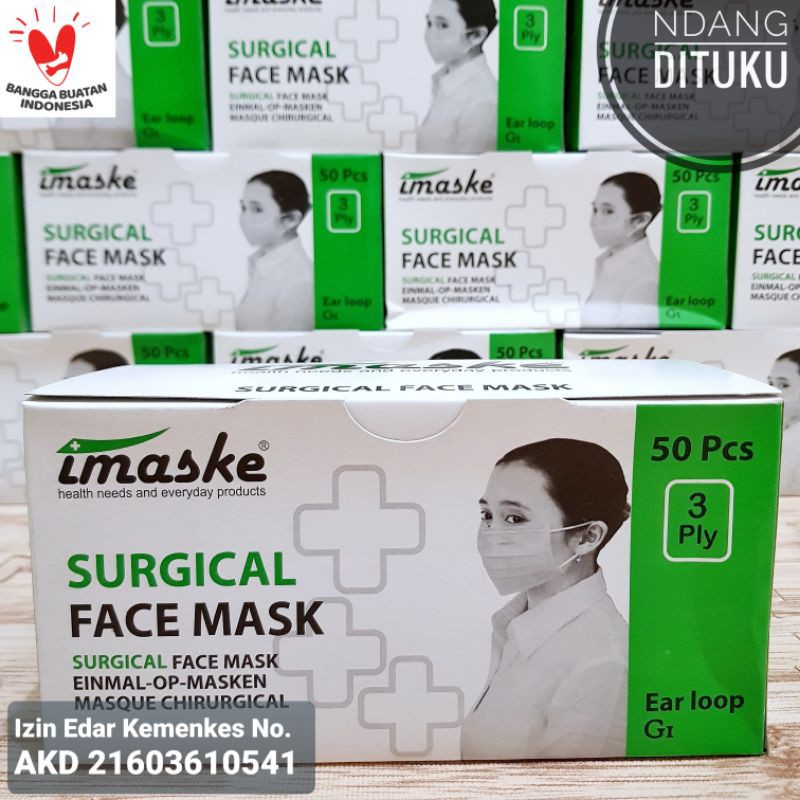 Masker Medis IMASKE 3 Ply Surgical Face Mask 50 Pcs Izin Kemenkes - Earloop