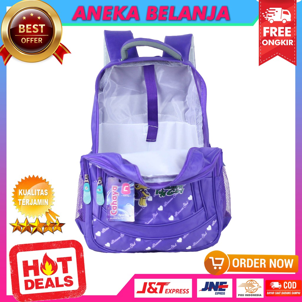 Tas Gendong Cahaya Princess Ungu Ransel Sekolah SD SMP Free Raincover Tas Sekolah Cewek Berkualitas