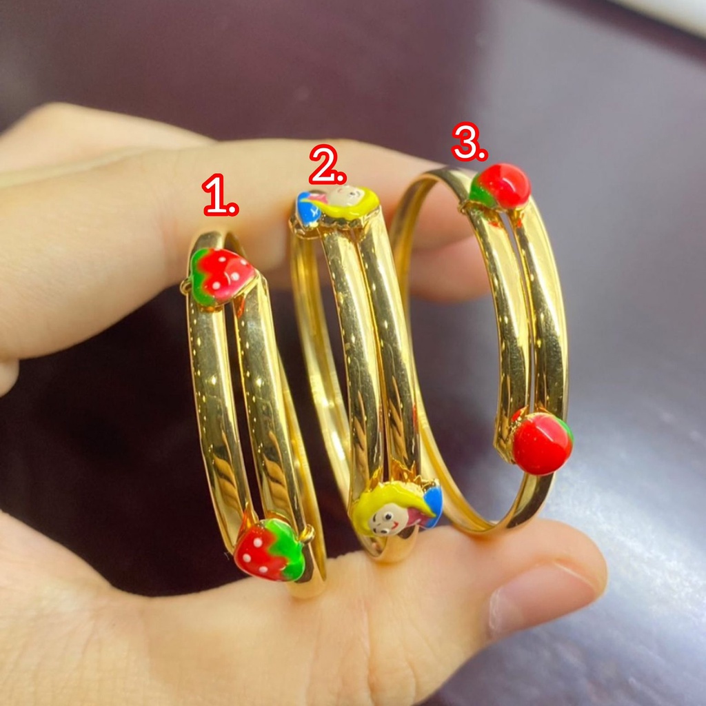 Gelang anak bayi emas asli kadar 700 70 16k selisih warna candy apple apel strawberry stoberi frozen anna elsa tanpa mata 2 gram gr g gold bangle