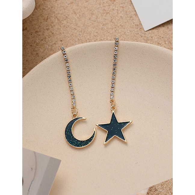 LRC Anting Tusuk Fashion Golden Star And Moon Long Asymmetric Earrings With Diamonds K00734