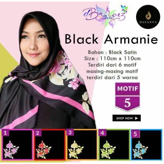 HIJAB SEGIEMPAT BLACK ARMANIE SATIN MOTIF 5 BY DAFANYA - JILBAB MURAH
