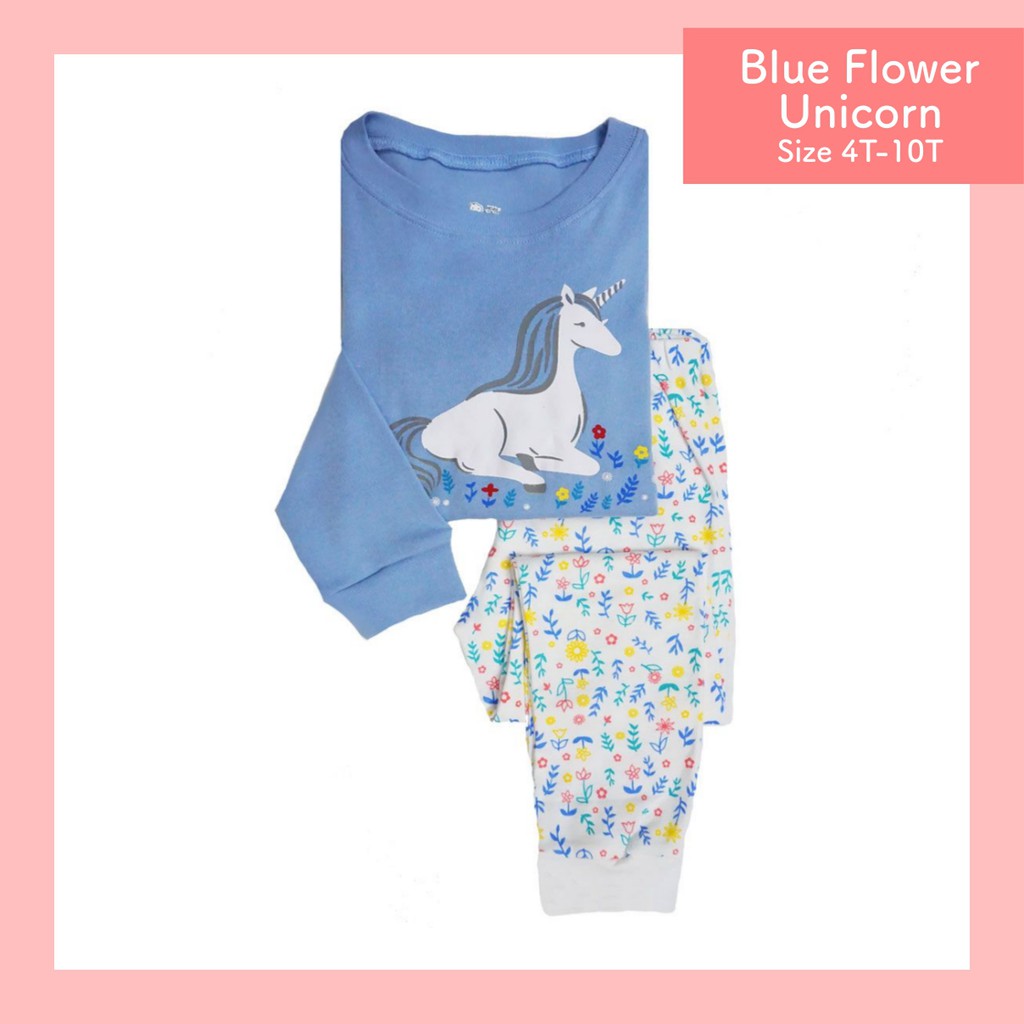 Stelan Baju  Tidur  Blue Flower Unicorn Piyama Anak  