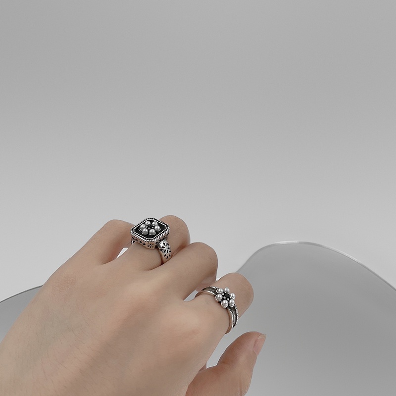 Square Pearl Flower Ring Retro Korean Style Temperament