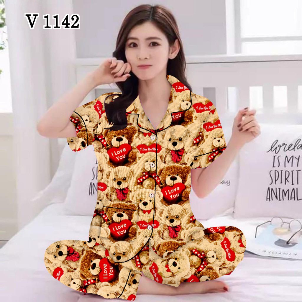 BJ - Piyama CP Wanita Murah - Bahan Katun - Baju Tidur Lengan Pendek Motif Karakter-Bear Love