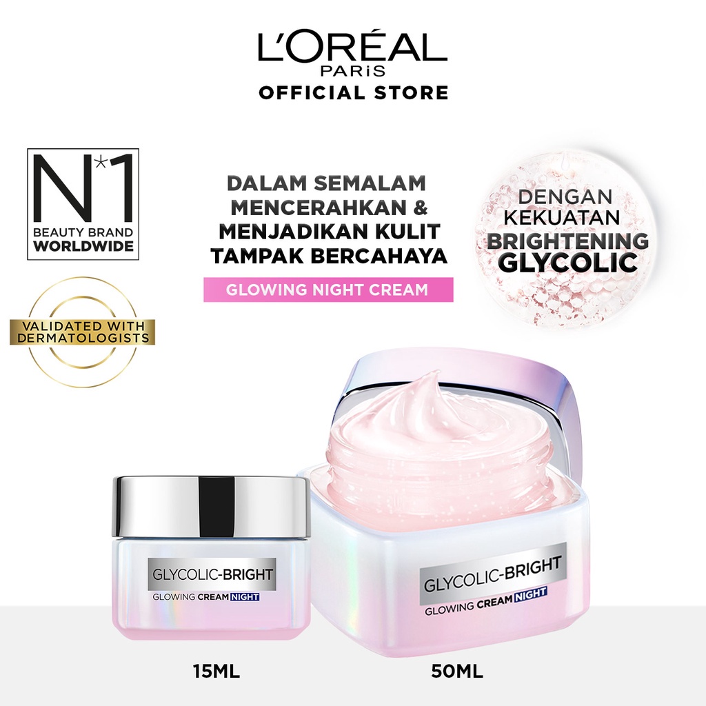 L'Oreal Paris Glycolic Bright Glowing Night Cream - 50ml Skin Brightening Krim Malam Glyco Loreal