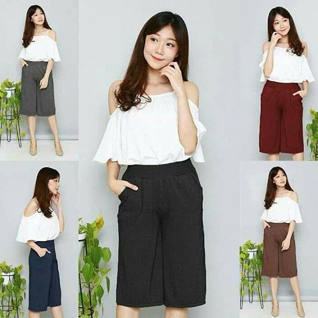 TERMURAH!! CELANA KULOT PENDEK WANITA / Kulot Crepe Polos Salur Stripe Motif Pelangi Norway 3/4