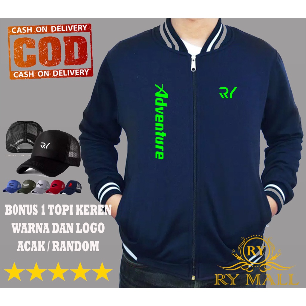 FREE TOPI.. Jaket Baseball RY ADVENTURE Tegak stabilo + Topi / Random / Ukuran Jumbo