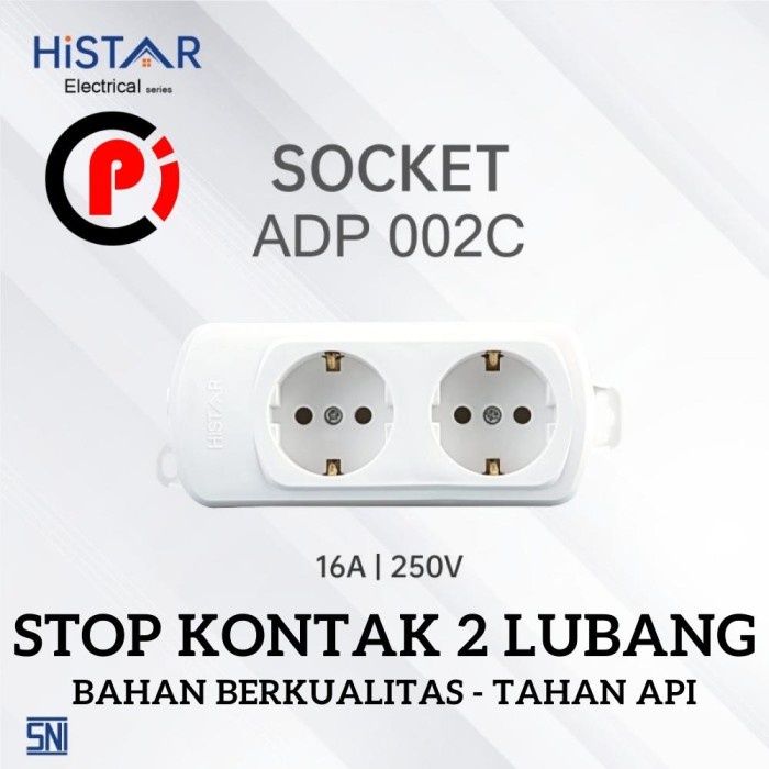 HISTAR ADP002C Stop Kontak 2 Lubang 2L Arde Berkualitas Tahan Api