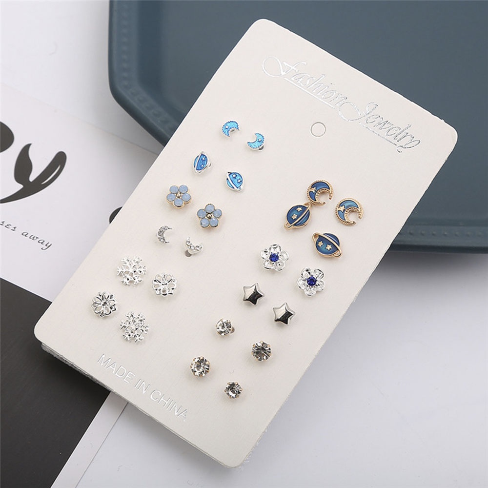 【COD Tangding】12 Pairs of New Fashion Earrings Set with Diamond Moon Earth and Stars Earstuds Jewelry Accessories