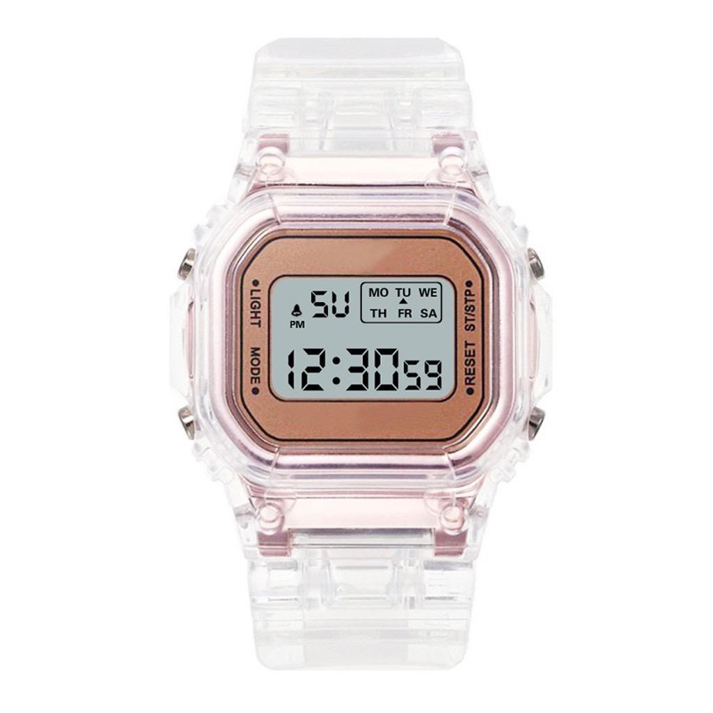 JAM TANGAN RUBBER DIGITAL SEGI DW-5600 TRANSPARAN MURAH KARET SPORT LED PRIA WANITA COUPLE JF059-ROSEGOLD