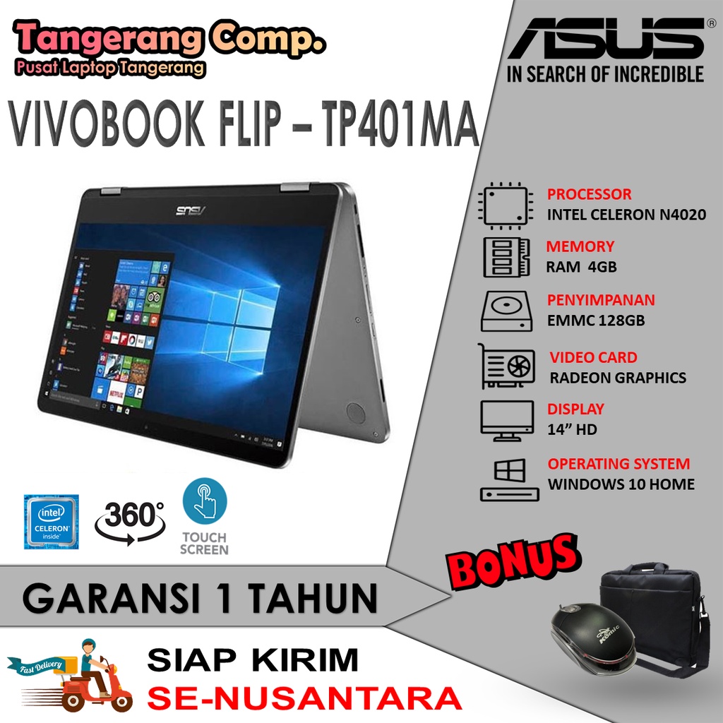 laptop asus vivobook flip 2in1 14 inch fhd touchscreen n4000 series 4gb 128gb w10 baru tp401ma