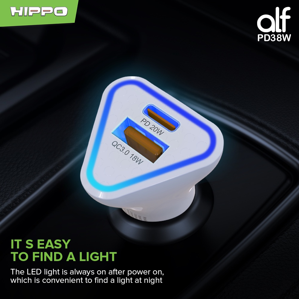 Hippo Car Charger ALF 2 PD 38W Power Delivery Fast Quick Charging 3.0 Casan Colokan Mobil Type C Android Iphone Micro Lightning QC Dual Port USB A USB C