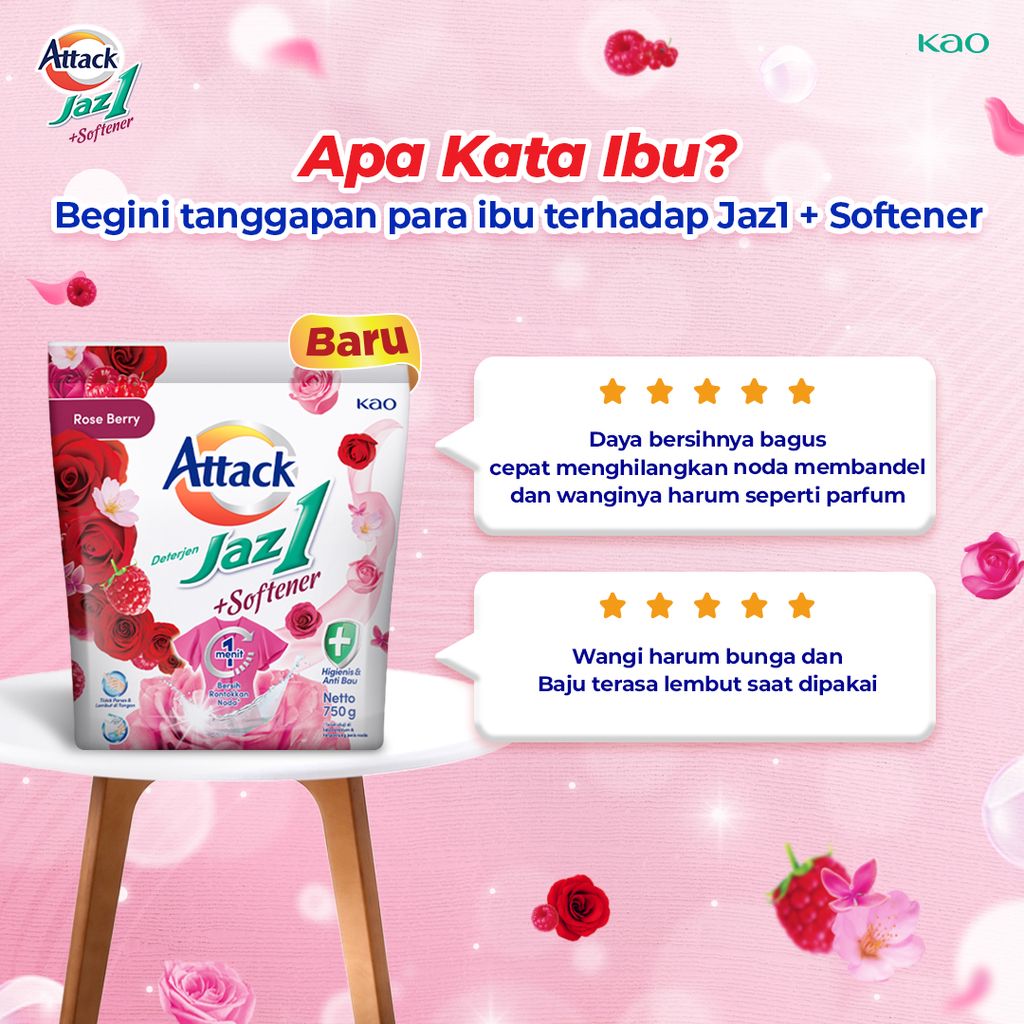 Attack Jaz1 Deterjen Bubuk + Softener Sabun Cuci Baju Rose Berry 750gr