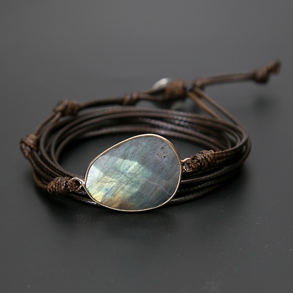 Hu Hu Hu Hu Hu Alat Bantu Pasang Kacamata♡ Gelang Tangan Tali Lilin Banyak Lapis Aksen Batu Labradorite Boho Handmade Untuk Unisexpriawanita