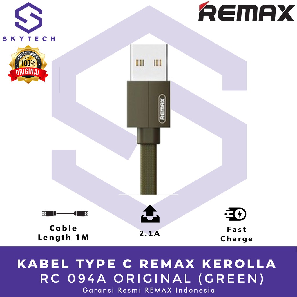 KABEL TYPE C REMAX KEROLLA 1M GREEN RC 094A ORIGINAL GARANSI RESMI