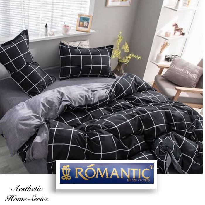 AESTHETIC KOREA series Bedcover sprei by ROMANTIC motif kotak hitam katun jepang minimalis decor