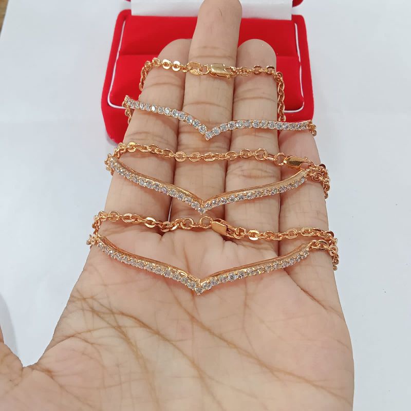 Gelang holo V mata2 baris, Perak 925, Sepuh Emas Rosegold