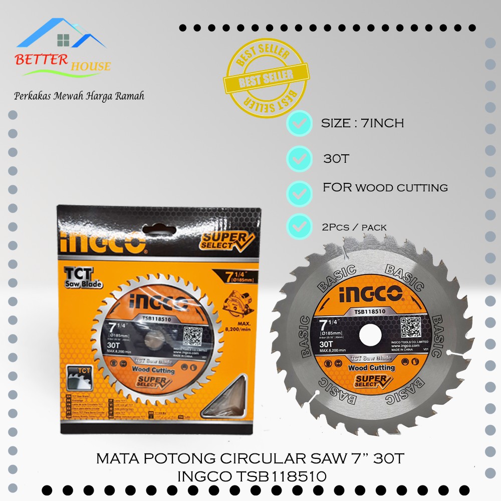 Mata Potong Kayu Circular Saw Serkel 7Inch 30T INGCO TSB118510