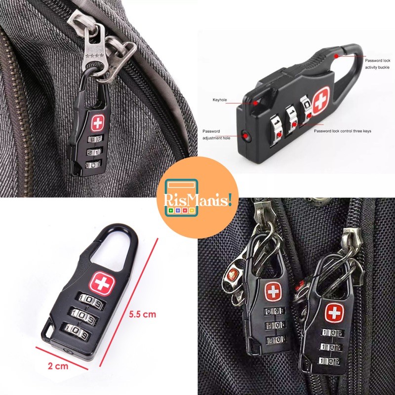 TRAVEL ZIPPER PADLOCK - Gembok Swiss Kuat Kombinasi Angka Kode Rahasia Koper Ransel Liburan Aman