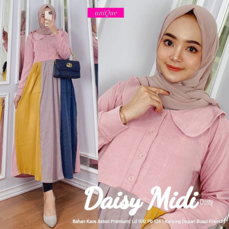 BISA COD / MIDI DRESS DAISY MIDI BY UNIQUE KAOS ASTON PREMIUM LD 100 / KANCING DEPAN AKTIF BUUSI FRI