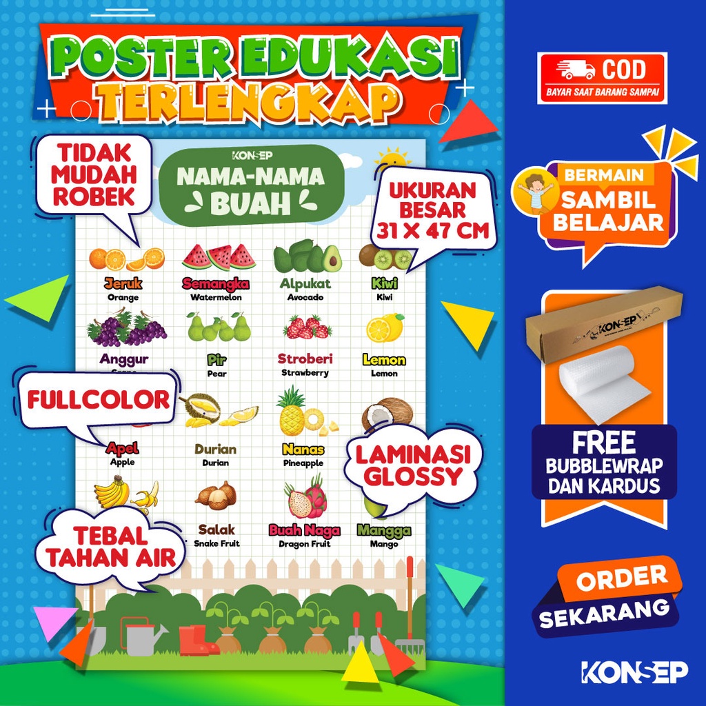 Konsep Poster Edukasi Pendidikan Anak Belajar Nama Nama Buah Paud Balita TK Toodler SD Laminasi Glossy Tahan Air