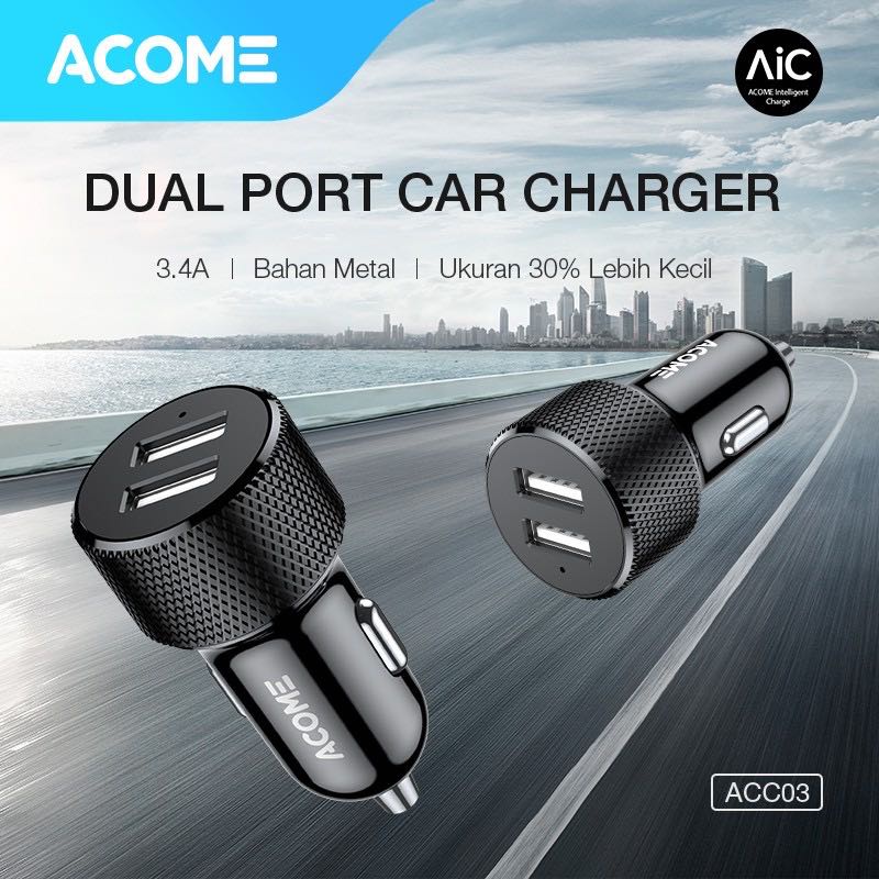 Acome Car Charger 2 Port Fast Charging 3.4A Garansi Resmi 1 tahun ACC03