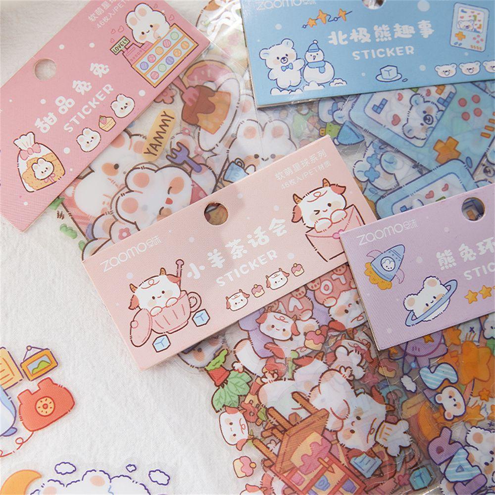 Solighter 46pcs Stiker DIY Alat Tulis Warna-Warni Hewan Kawaii Kartun PET Stiker