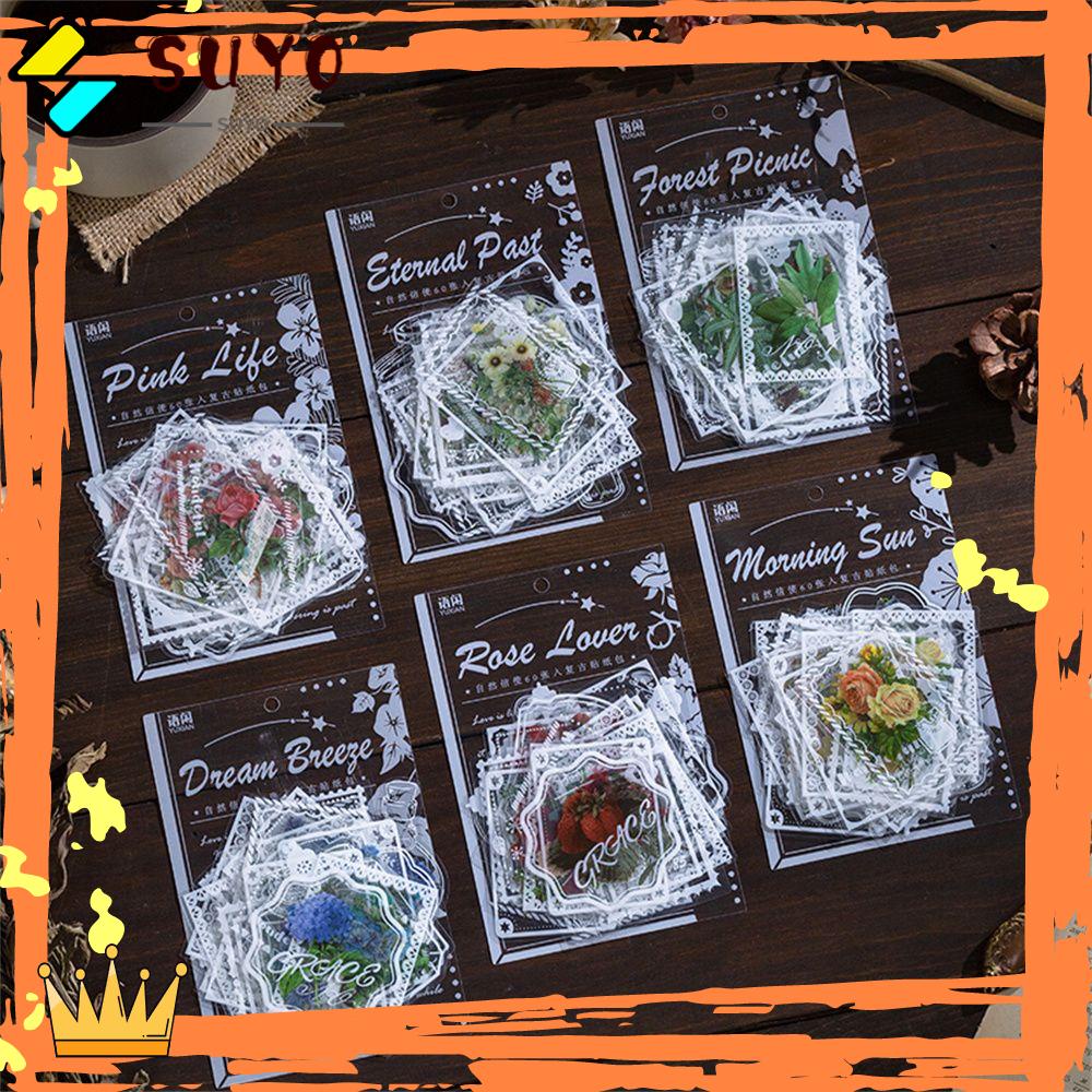 Suyo 60pcs Stiker Label Aneka Motif Alam Bahan PET Untuk Dekorasi Diaryagenda