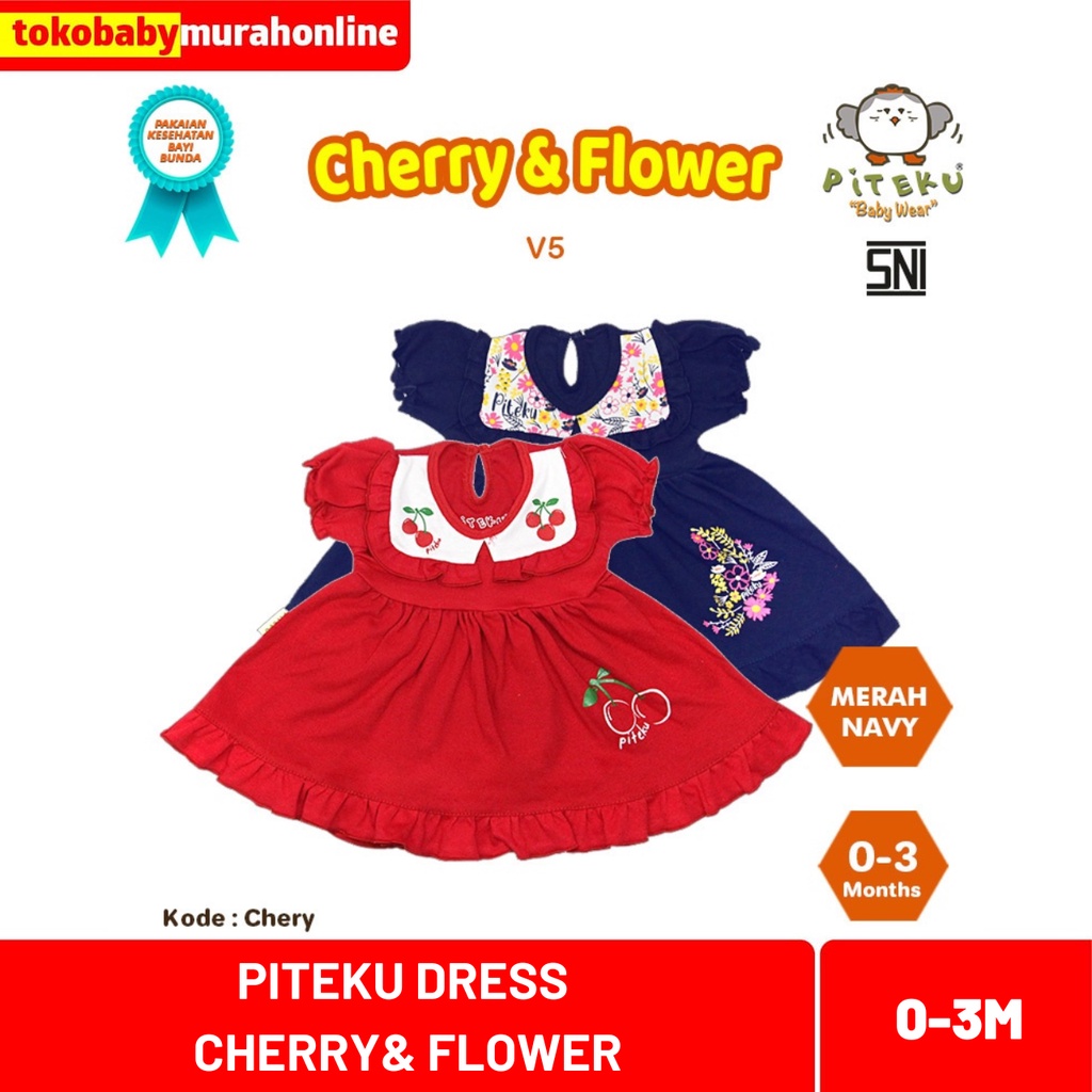 PITEKU DRESS LENGAN PENDEK KARET CHERRY &amp; FLOWER ROK V5 / DRESS ANAK