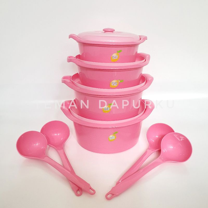 Paket GL05: Wadah Saji Prasmanan & Sendok Plastik Pink / Tempat Makanan Bulat (BTBK 191, BTBT 192, B