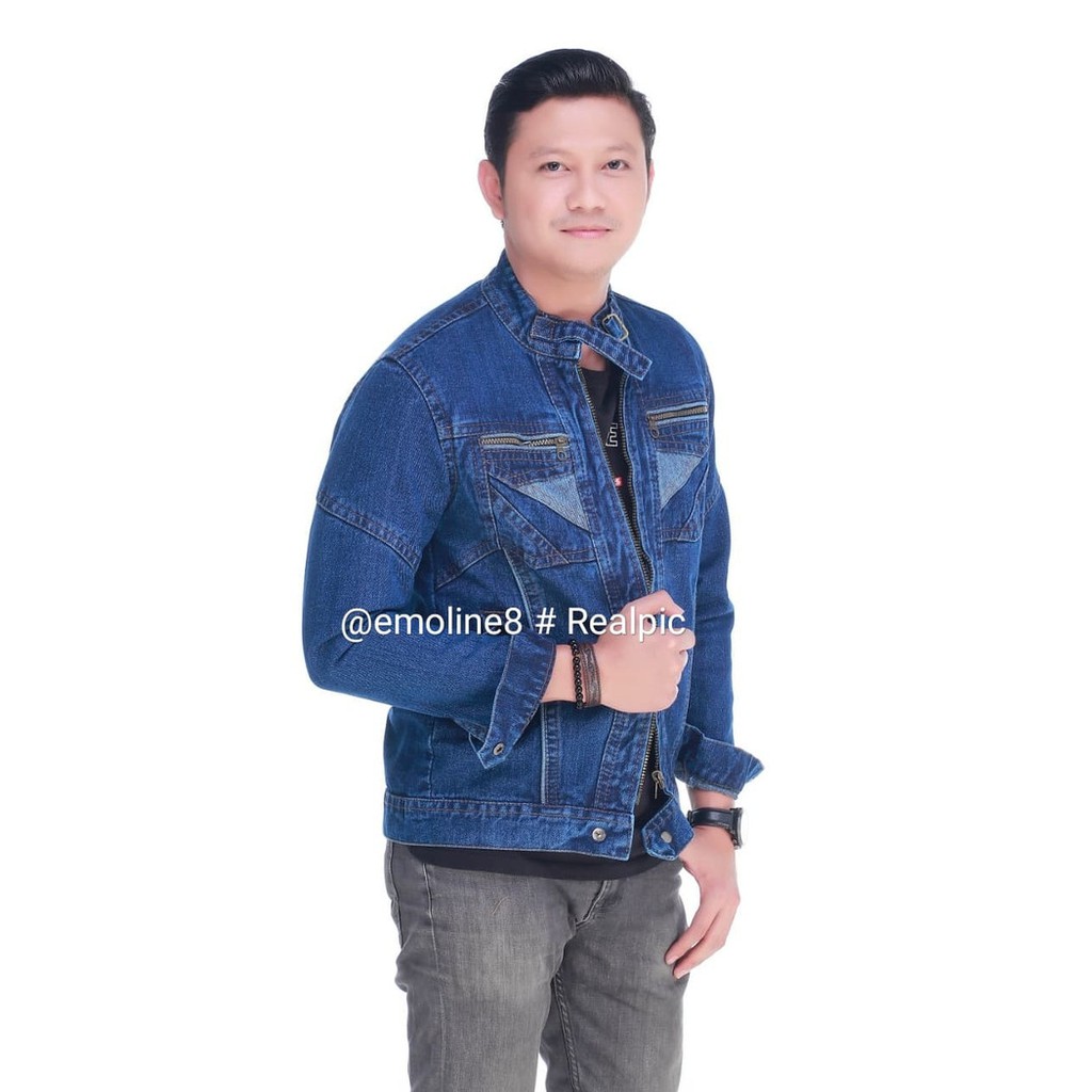 Jaket Jeans Denim Pria Sobek Ripped Jaket Levis Pria Jaket Jeans  PA594  /'Tanpa Kerah - Biru Muda,