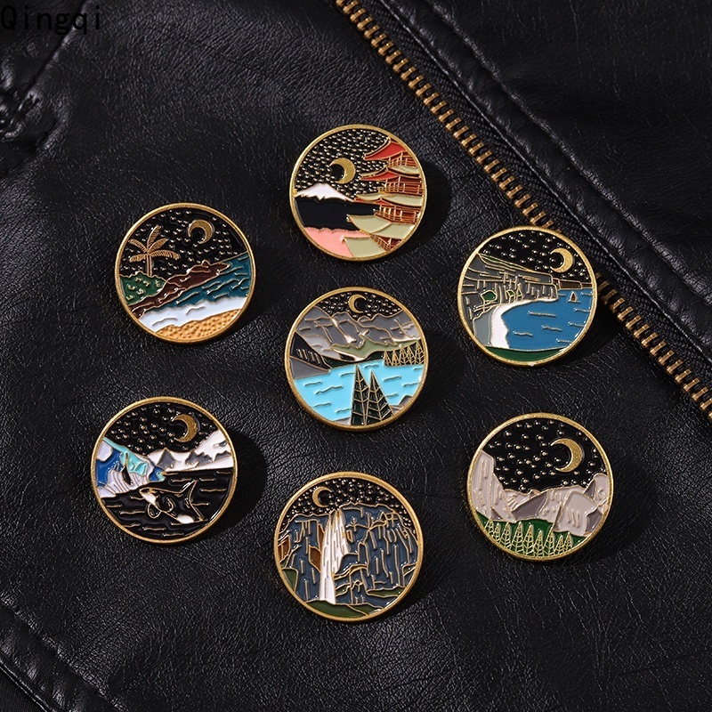 Outdoors Bros Pin Enamel Desain Pemandangan Gunung / Sungai / Bulan Untuk Aksesoris Pakaian Wanita