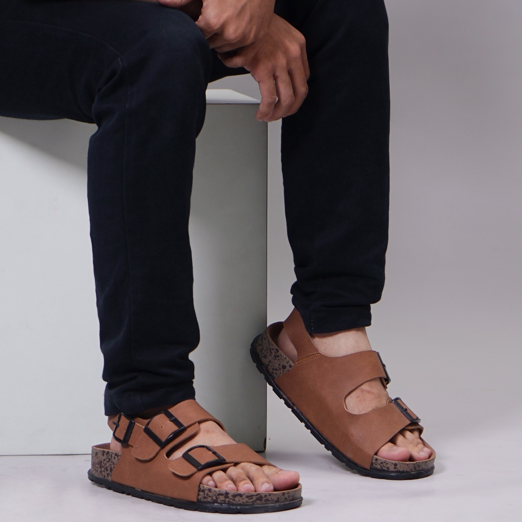 Dunkenstock MILANO Sandal Slop Pria Sendal Slide Cowok Model Birken Gesper Ban Dua Tali Belakang Bahan Kulit Sol Karet Kekinian