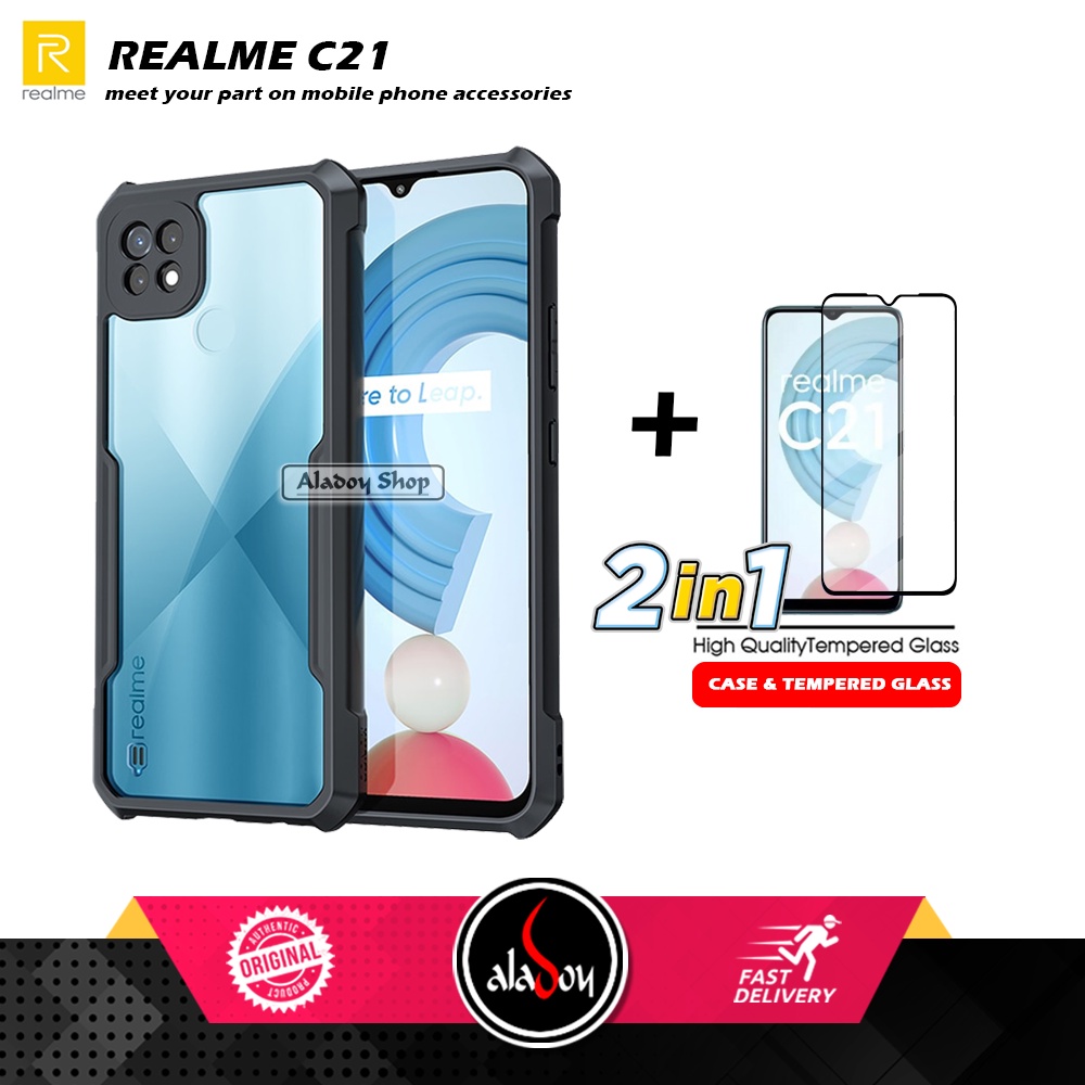 PAKET 2 IN 1 Case Realme C21 Armor Fusion Transparent Prmium Casing Free Tempered Glass