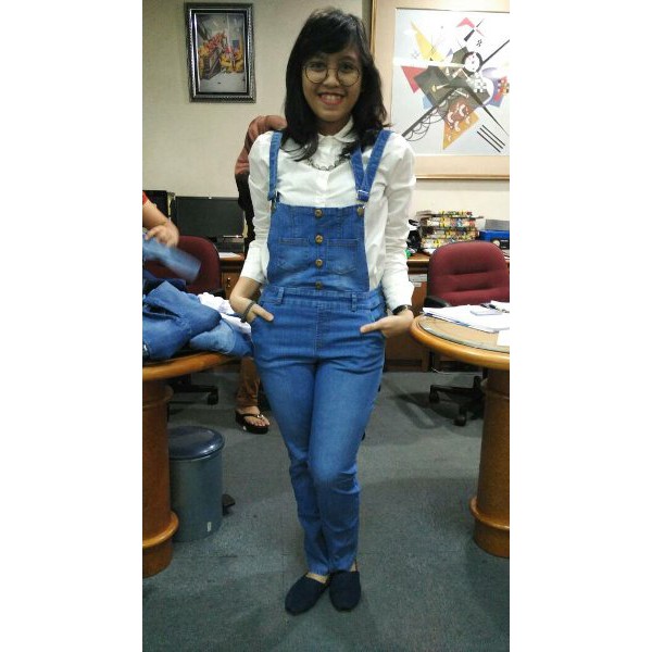 Overall jeans celana kodok pinggang karet jumpsuit panjang streach wanita setelan hijab werpak