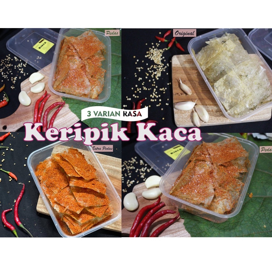 (PROMO)MAKANAN RINGAN ENAK MURAH CAMILAN PEDAS DAUN JERUK KERIPIK KACA KRIPCA KEMASAN BOX 100GRAM