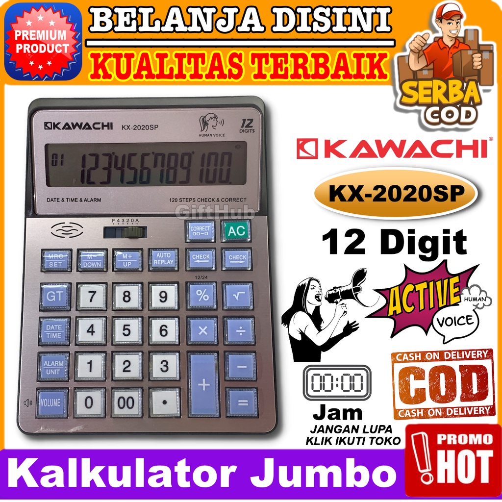 

Kawachi Kalkulator Jumbo With Voice Date & Alarm Calculator KX 2020SP Free Battery Garansi Original