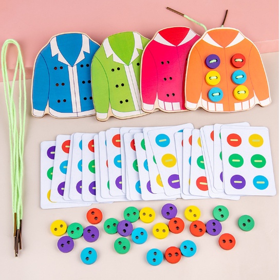 Mainan Edukasi EARLY EDUCATION CLOTHES BUTTON / Mainan Edukatif Anak Meronce Kancing Kayu / Mainan Kayu Belajar Menjahit Kancing / Mainan Montessori Belajar Meronce / Wooden Lacing Game / Lacing Toys