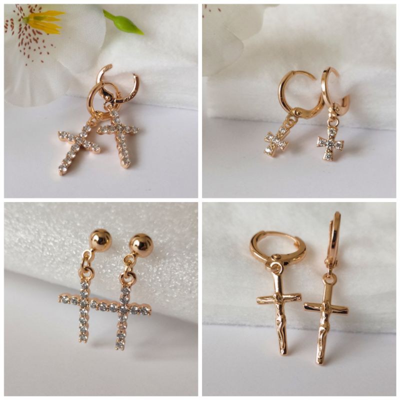 Anting Xuping Salib Lapis Emas Anting Import Anting Tusuk Fashion Wanita