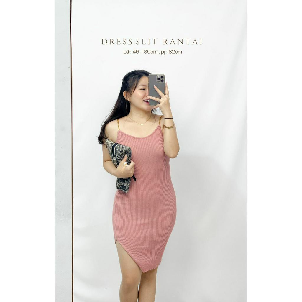 HOPYLOVY Mini Dress Wanita Bahan Rajut Bodycon Slit Rantai Rajut Tamira