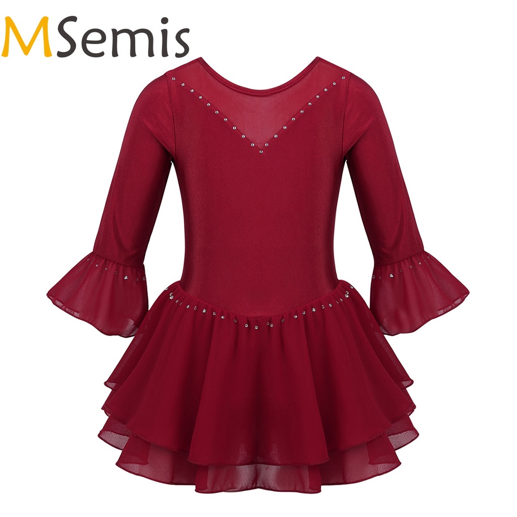 PREORDER Anak Perempuan Figure Skating Gaun Ice Skating Ballroom Kompetisi Gaun Suar Lengan