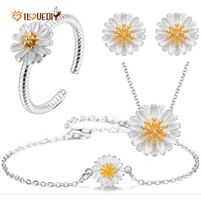 Set Perhiasan Kalung Anting Cincin Gelang Liontin Daisy Model Terbuka Dapat Disesuaikan Gaya Elegan Untuk Wanita